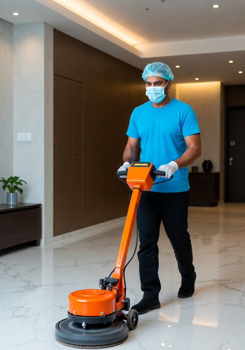 Floor polishing in progress